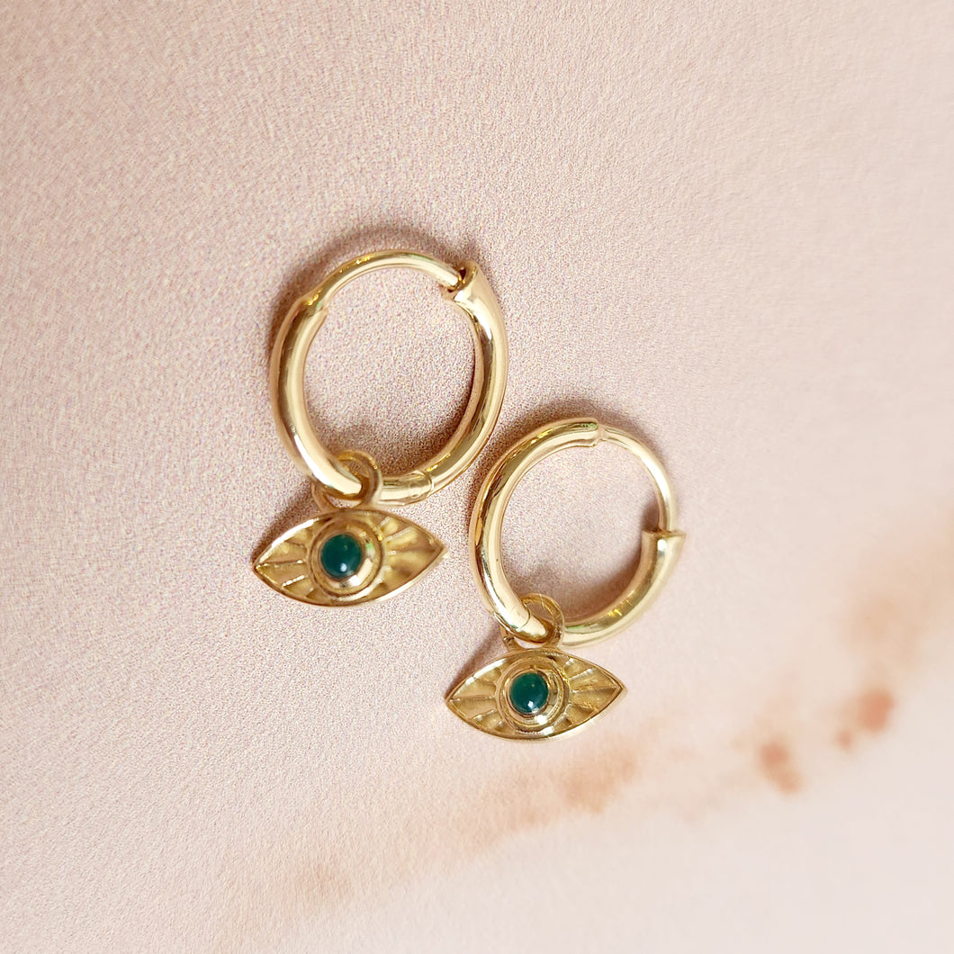 RAYS OF LIGHT MINI HOOPS GREEN ONYX GOLD PLATED