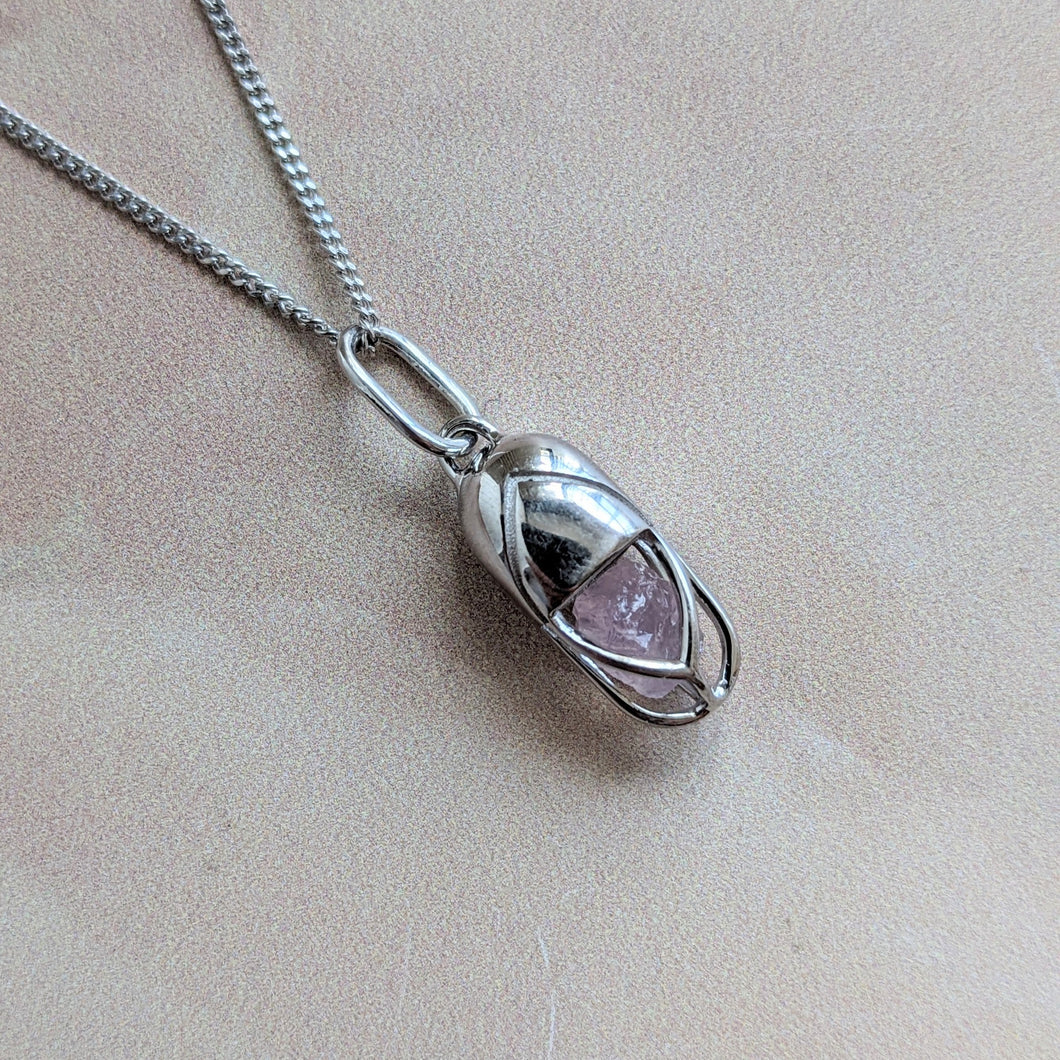 MINI CAPSULE ROSE QUARTZ PENDANT SILVER